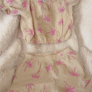 Two-Piece Beige Cropped Top and Shorts Set with Pink Palm Print